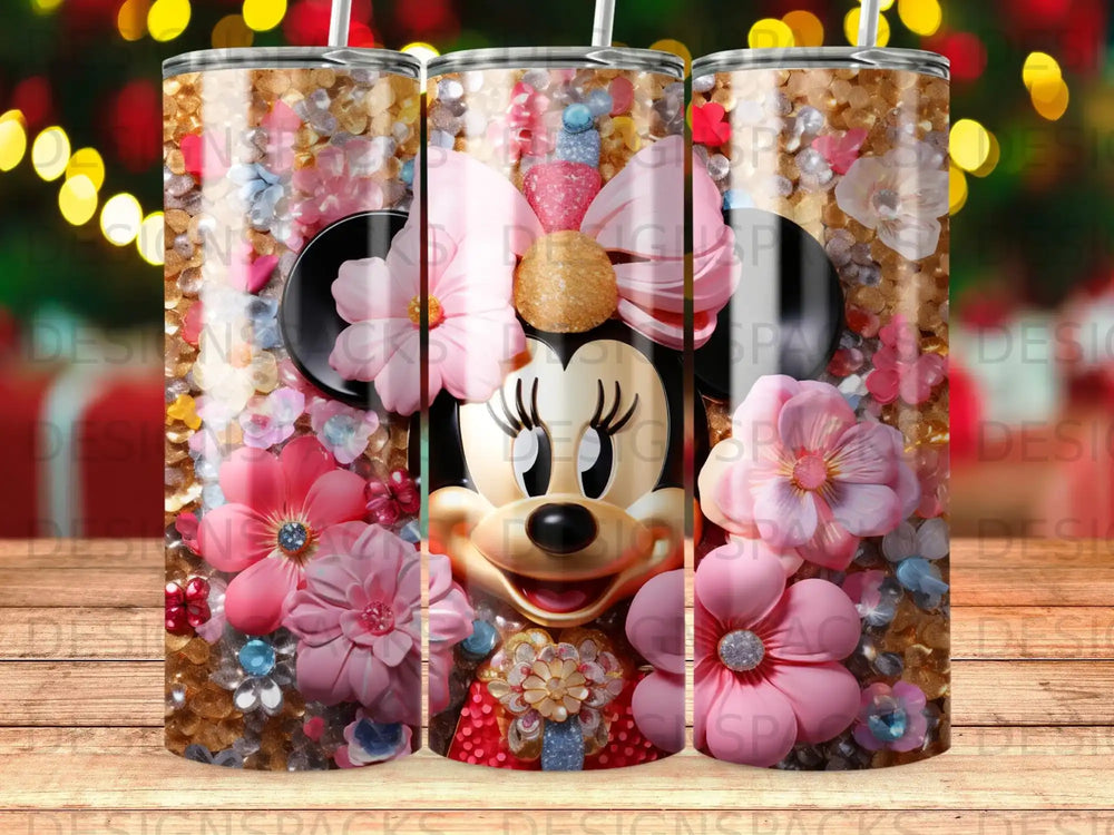 Minnie Mouse tumbler with pink bow, flowers, and glitter accents.