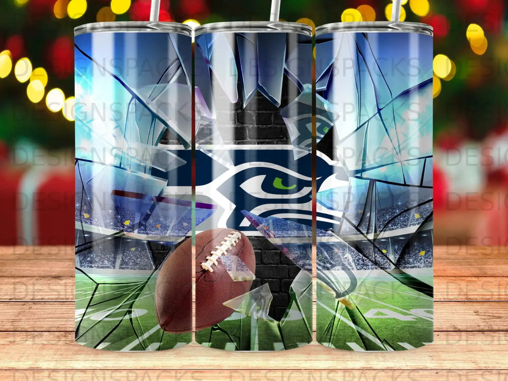 Seattle Seahawks football and stadium on a shattered glass background.