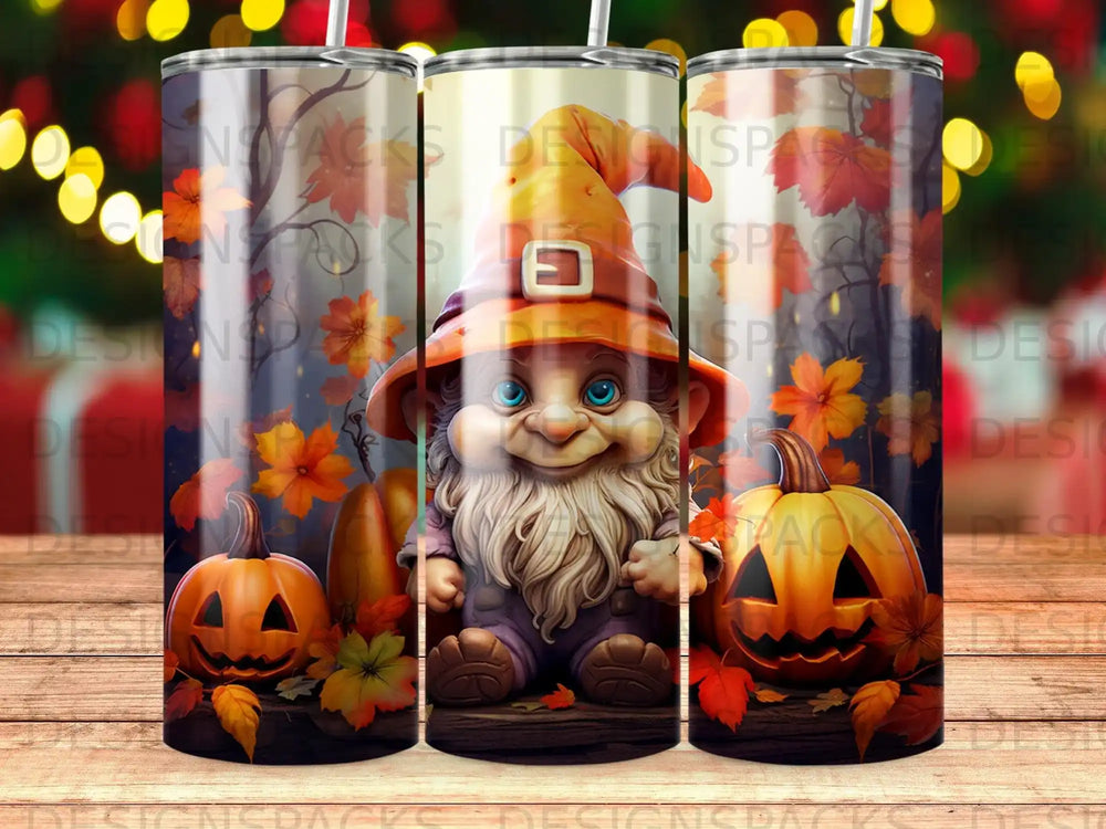 Gnome with pumpkins and autumn leaves, Halloween themed tumbler.