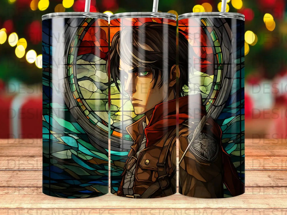 Anime character with brown hair and red scarf, in front of stained glass.