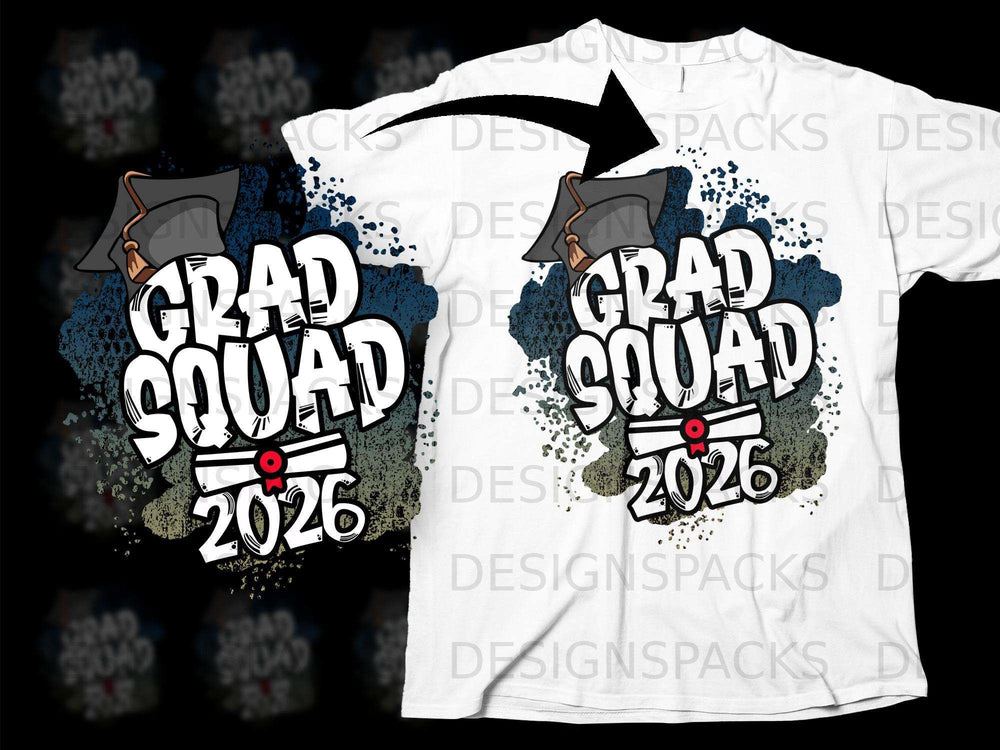 Grad Squad 2026 graphic on a white t-shirt with a black graduation cap.