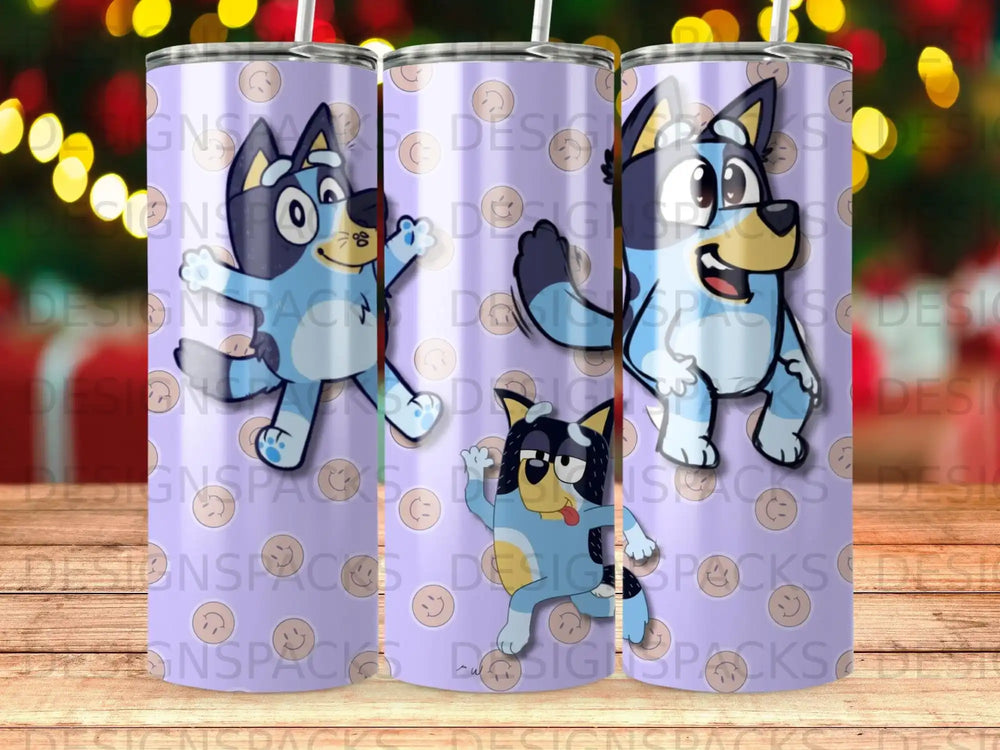 Bluey characters dancing on a purple background with polka dots.