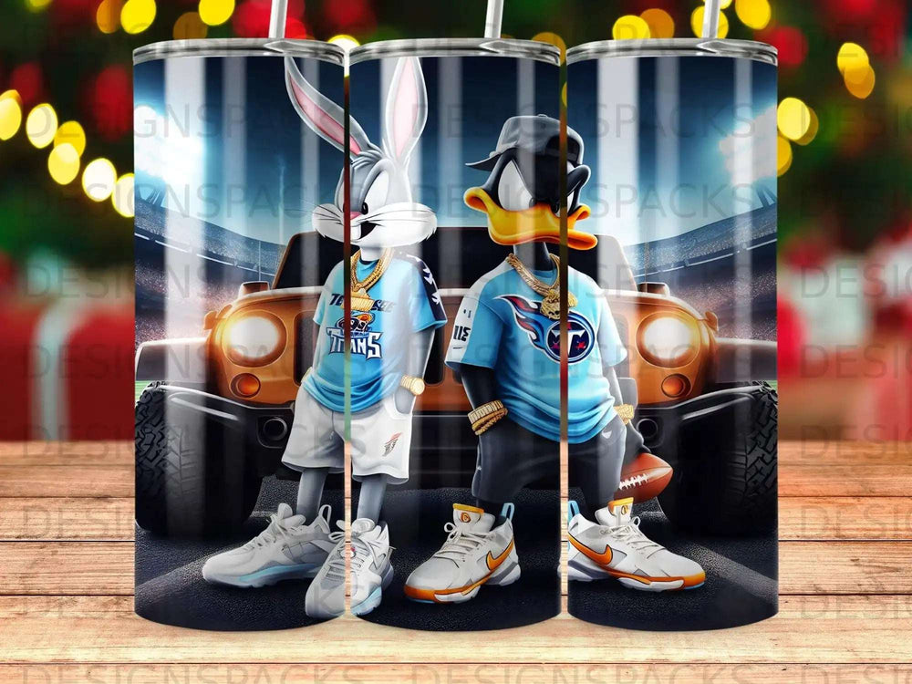 Bugs Bunny and Daffy Duck in sports attire holding a football.