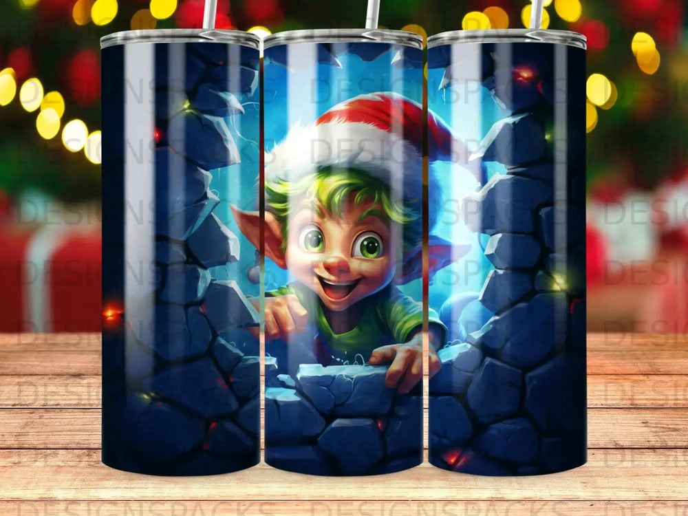 Green elf peeking through a cracked blue and gray stone wall.