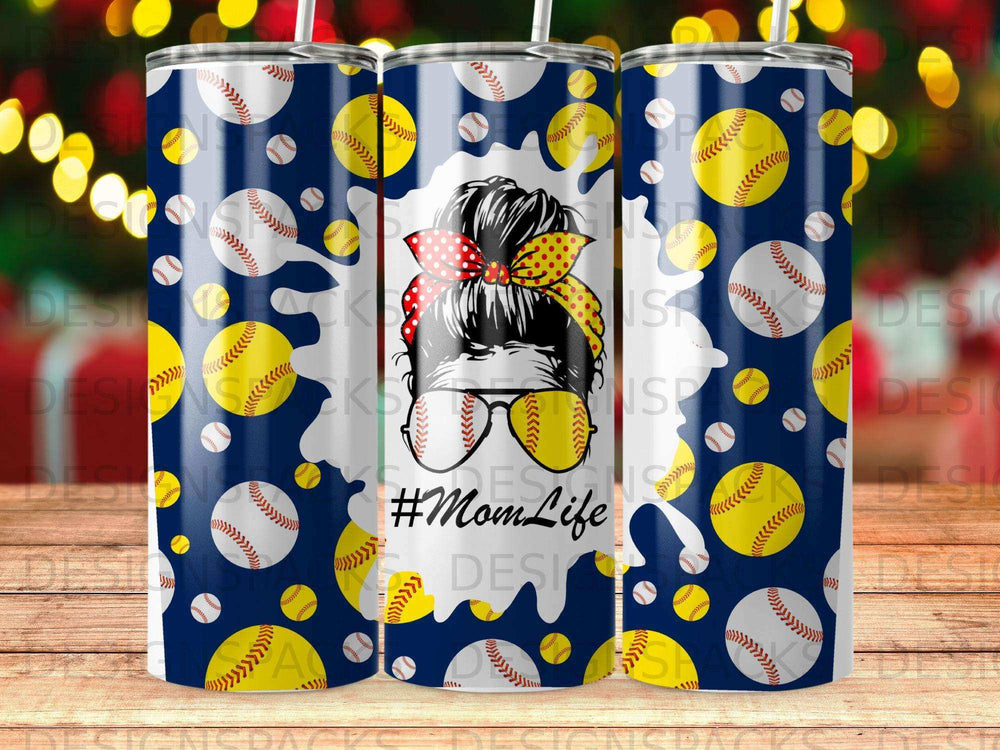 Tumbler with baseball pattern and "#MomLife" text with sunglasses and bandana.