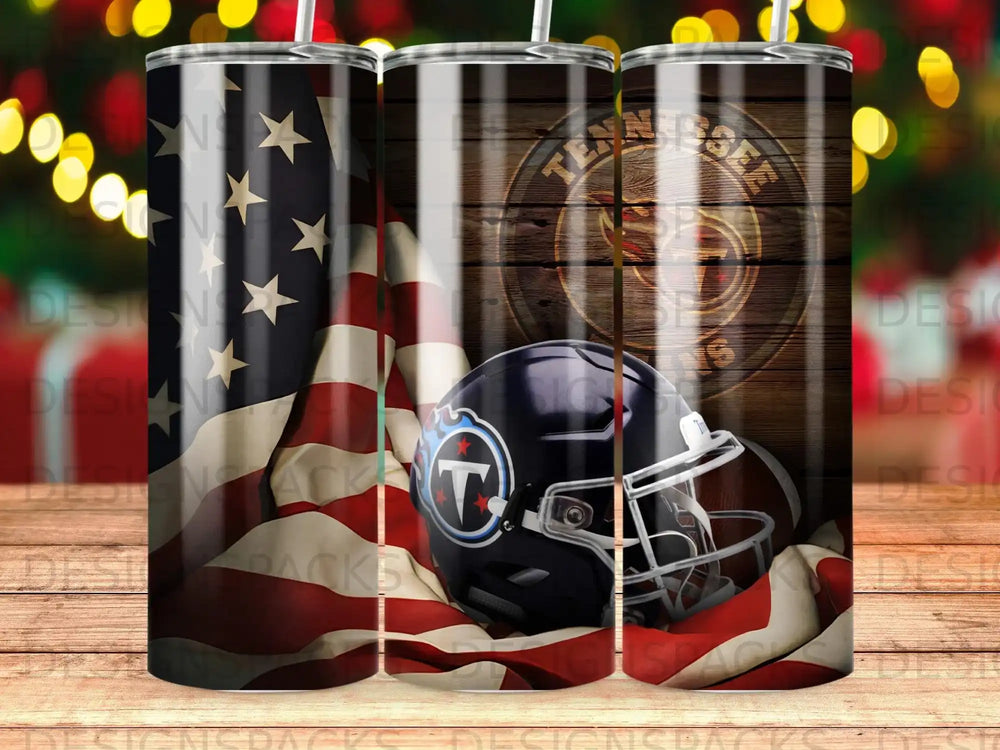 Tennessee Titans helmet and football with American flag and wood grain background.