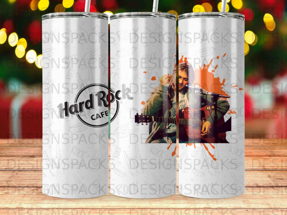 Hard Rock Cafe logo on tumbler with Kurt Cobain graphic.