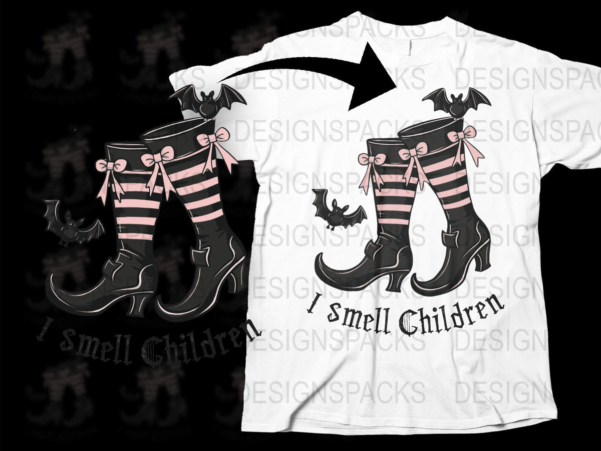 Witchy Halloween T-Shirt, I Smell Children Quote, Striped Witch Boots, Bat Designs, Spooky Cute Tee for Women, Festive Fall Clothing