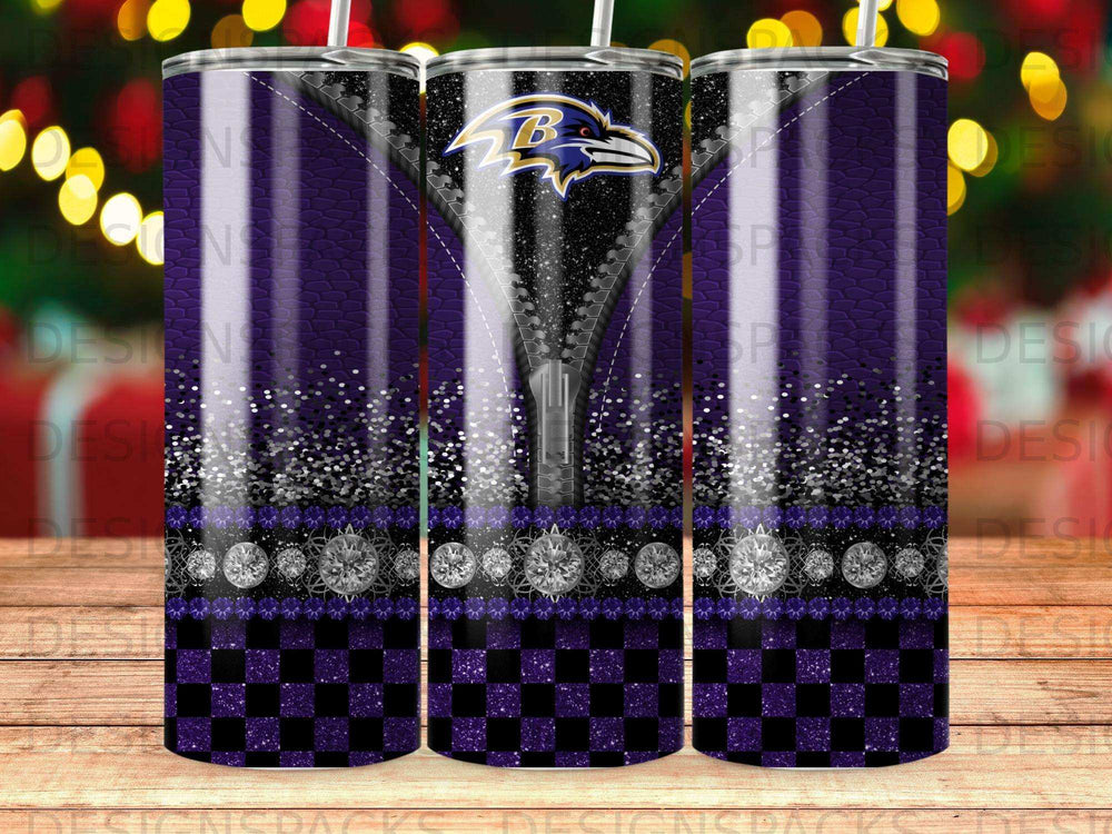 Baltimore Ravens purple and black checkered zipper tumbler with glitter.