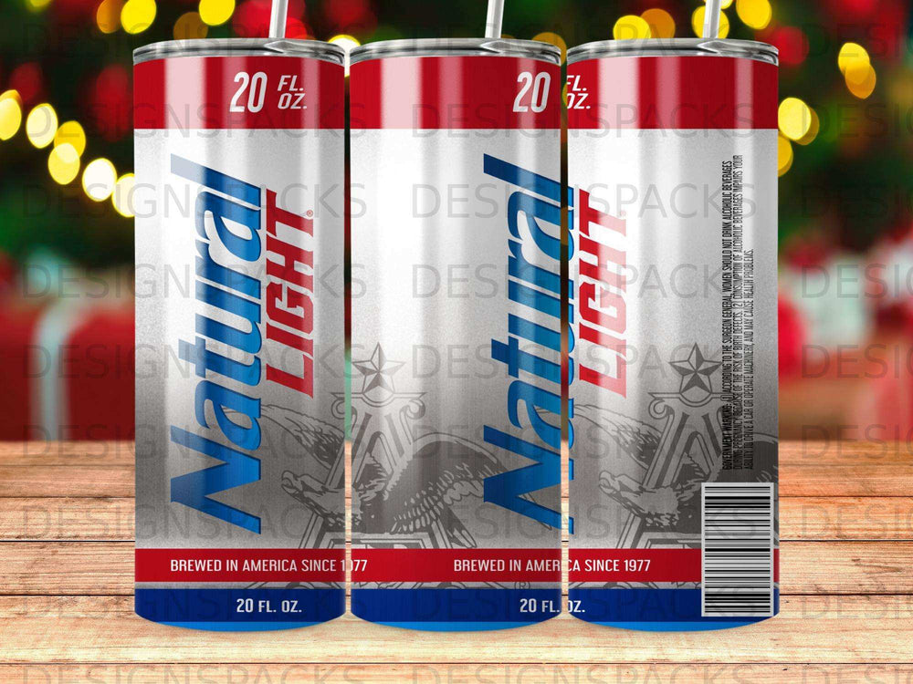 Three natural light beer cans with brewing information and government warning.