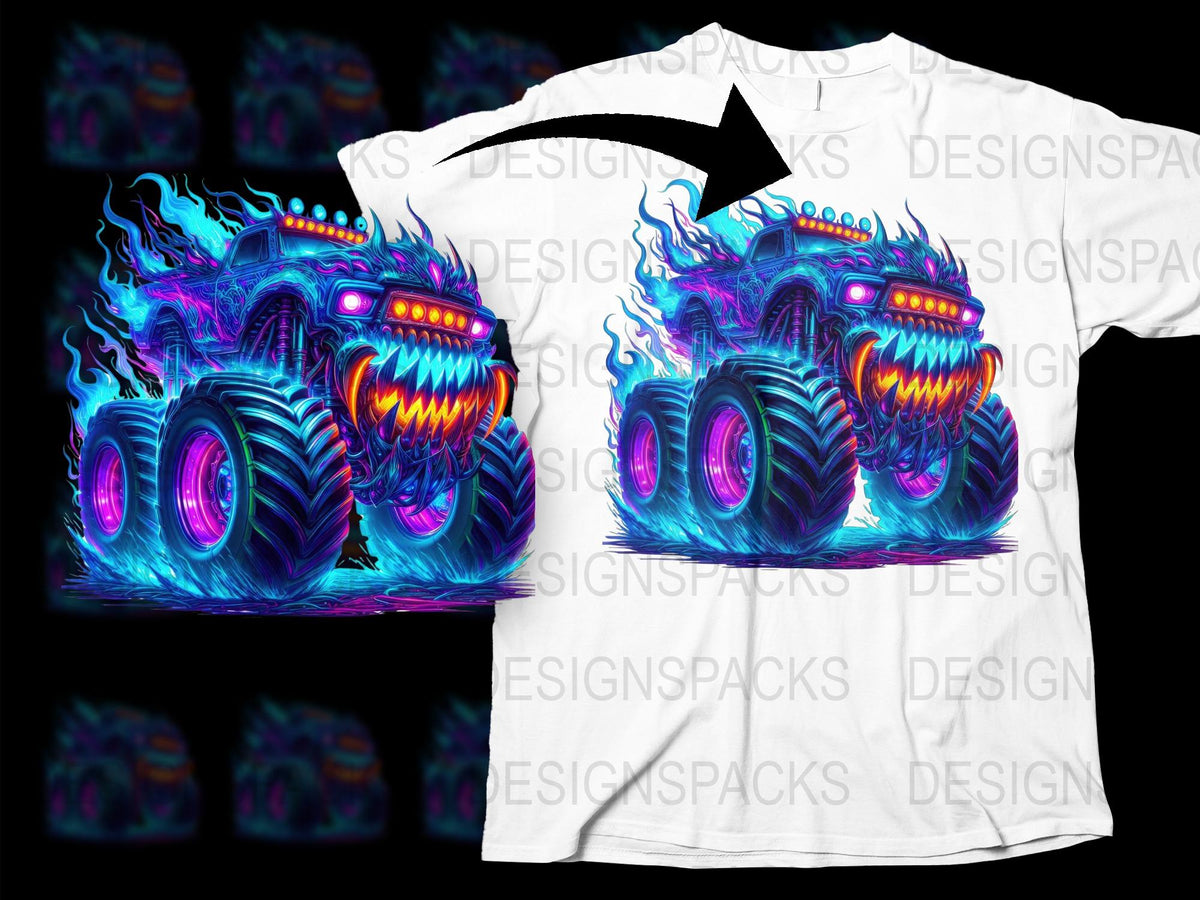 Neon Monster Truck T-Shirt, Bright Graphic Tee, Kids and Adults Sizes, Vivid Colors, Unique Design
