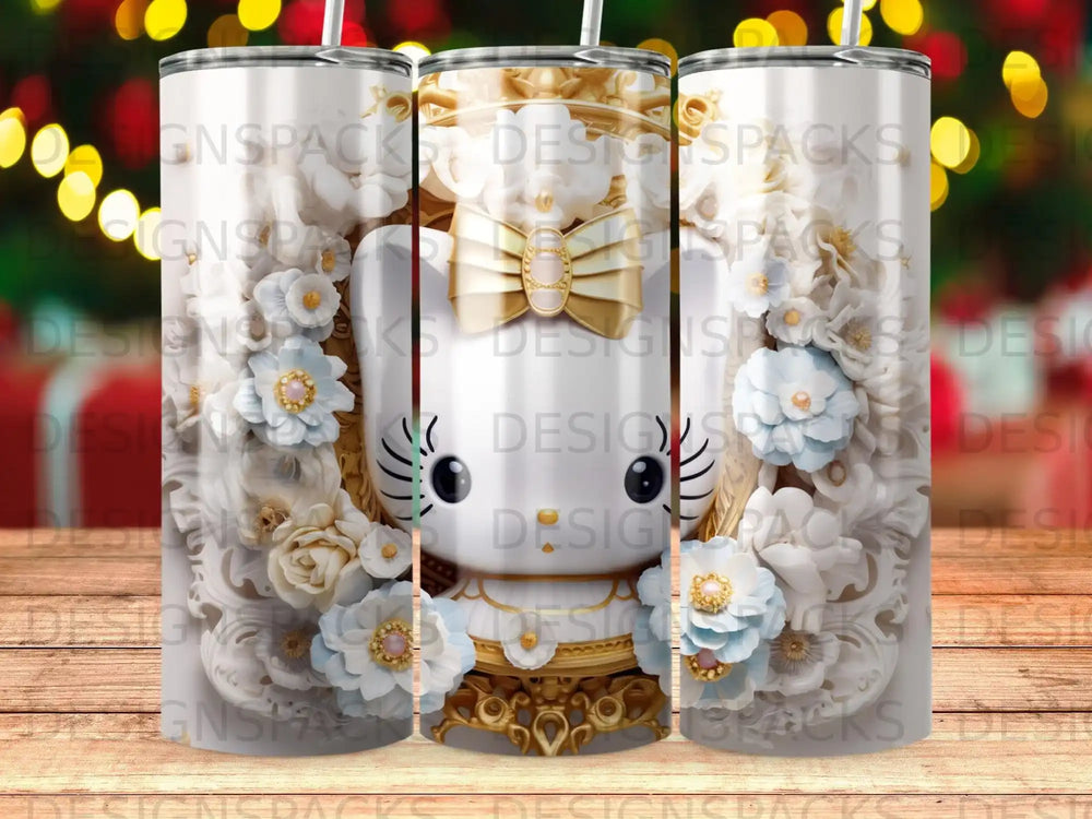 Hello Kitty head with gold bow surrounded by white and blue flowers.
