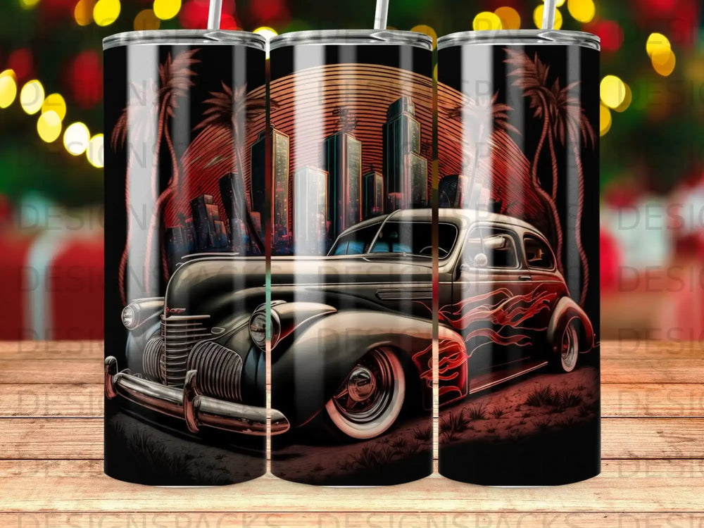 Vintage car with flames and city skyline under palm trees.