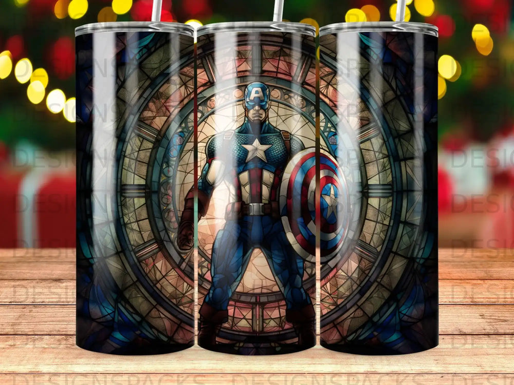 Captain America standing in front of a stained glass window.