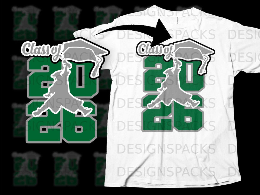 Green and gray "Class of 26" graduation design on a white t-shirt.