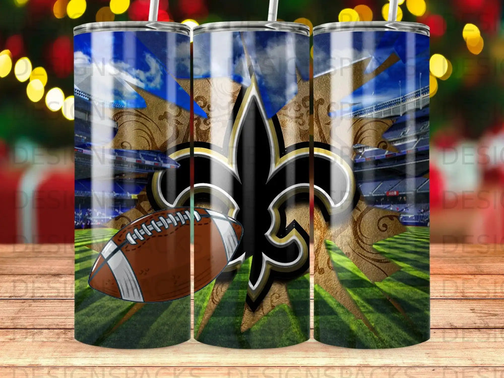 New Orleans Saints football helmet and stadium graphic on a tumbler.