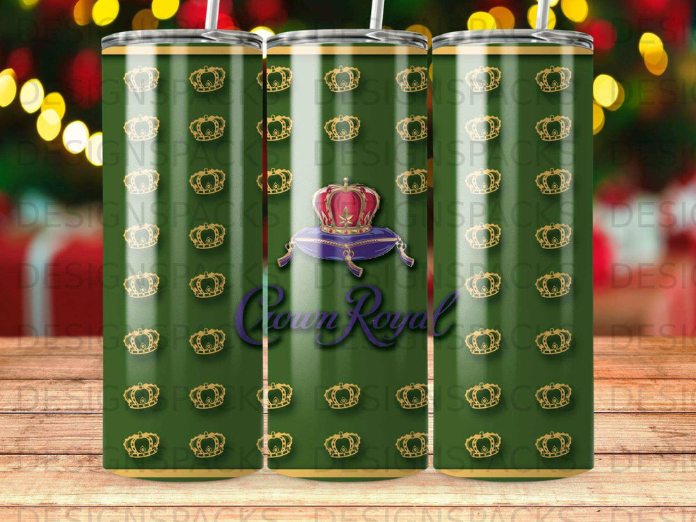 Green tumbler with repeating gold crowns and "Crown Royal" text.