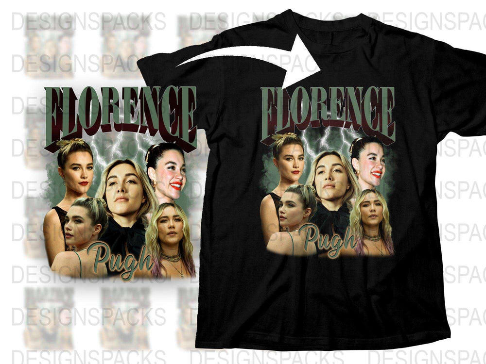 Florence Pugh Celebrity Black T-Shirt, Collectible Movie Star Face Collage Tee-Shirt