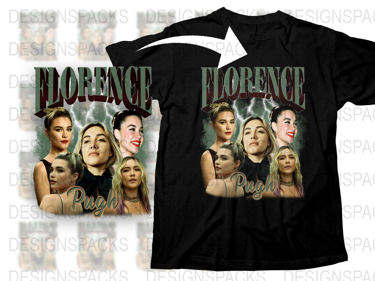 Florence Pugh Celebrity Black T-Shirt, Collectible Movie Star Face Collage Tee-Shirt