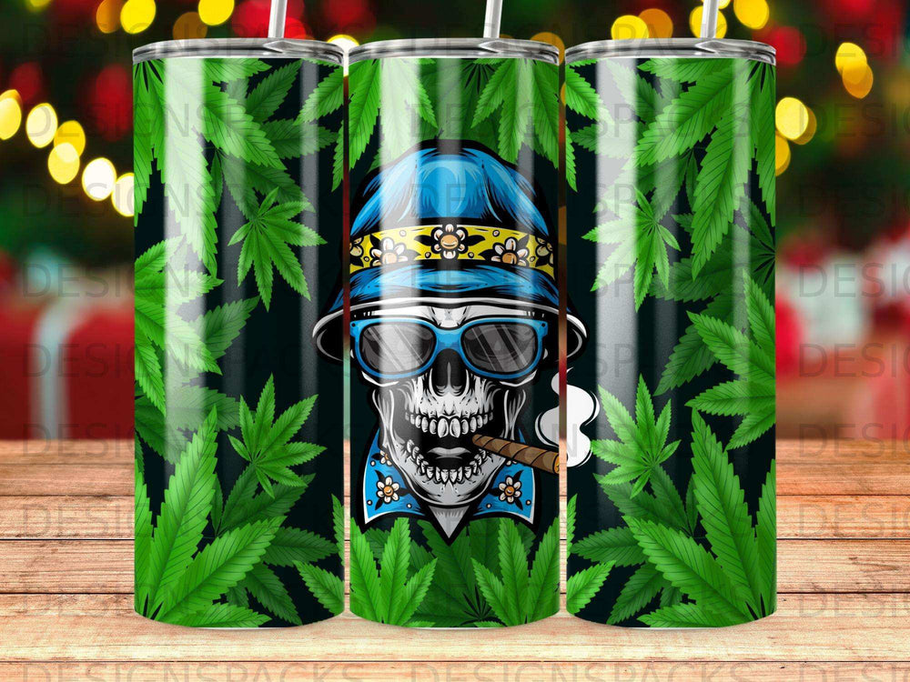 Blue skull wearing sunglasses and a bucket hat, holding a cigar, with cannabis leaves.