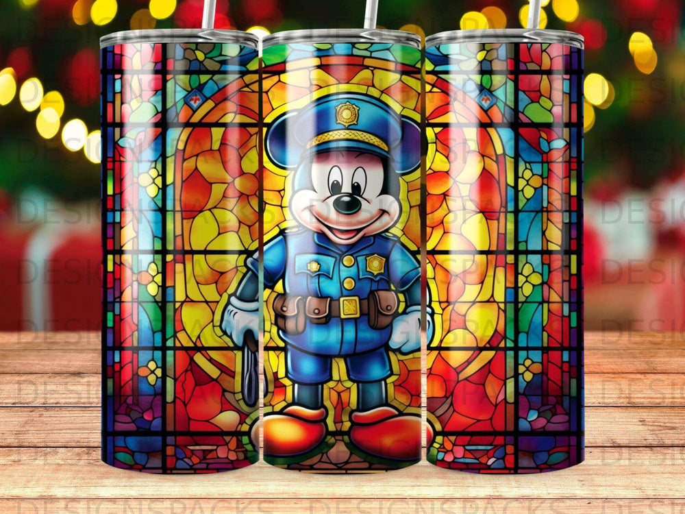Mickey Mouse in a police uniform in front of a stained-glass window.