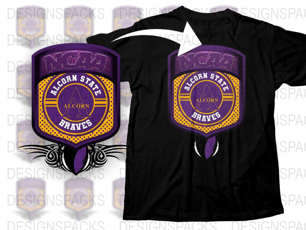 Alcorn State Braves NCAA Logo Black T-Shirt, College Sports Fan Apparel, Purple and Yellow Design, Comfortable Crew Neck Tee