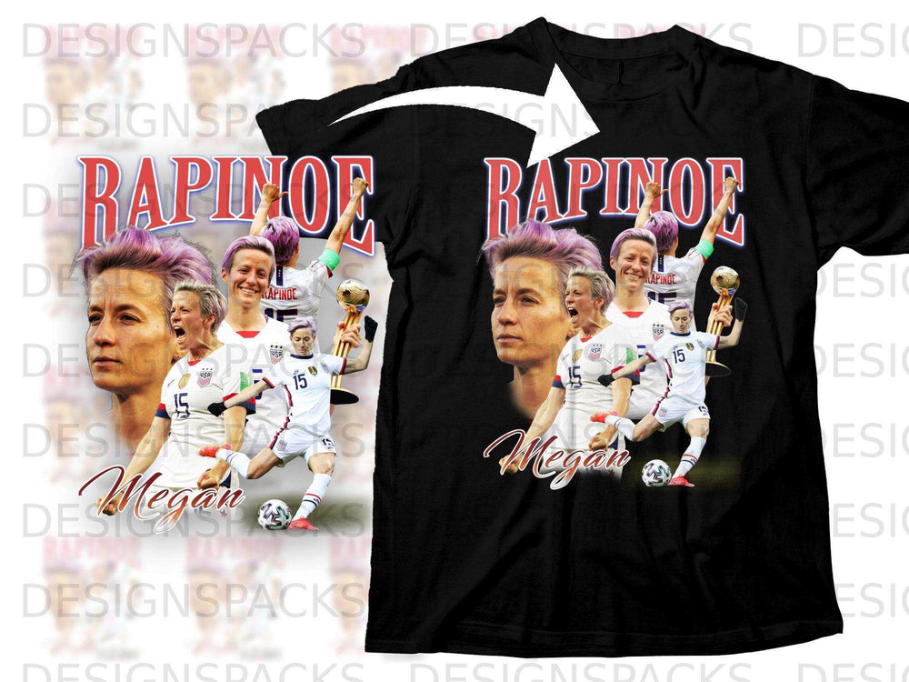 Black t-shirt featuring Megan Rapinoe in action and trophy imagery.