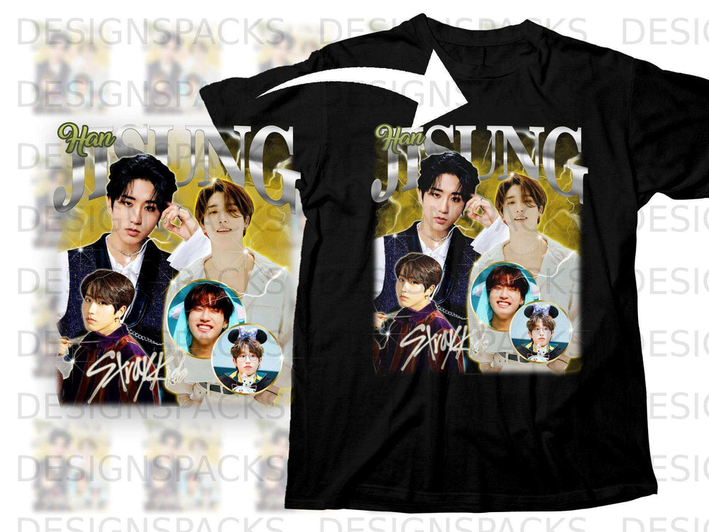 Black t-shirt with K-pop idol Han Sung and Stray Kids photos.