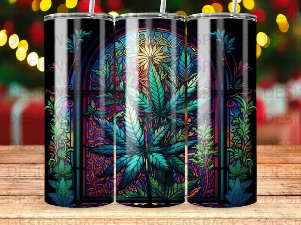 Stained glass art featuring a marijuana leaf and green foliage.