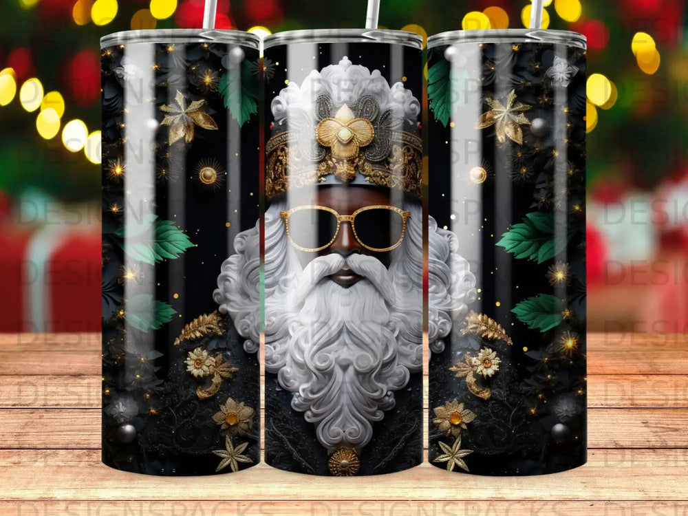 Santa Claus wearing sunglasses with ornate golden crown and festive ornaments.