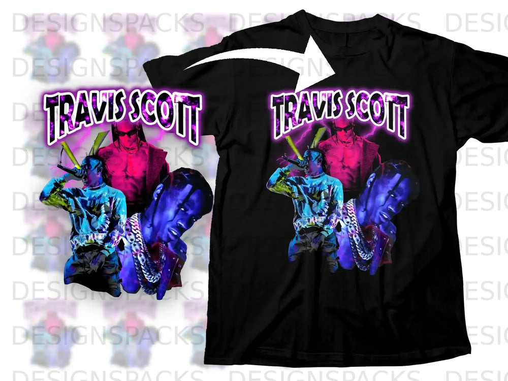 Black t-shirt with Travis Scott graphic and neon lightning.
