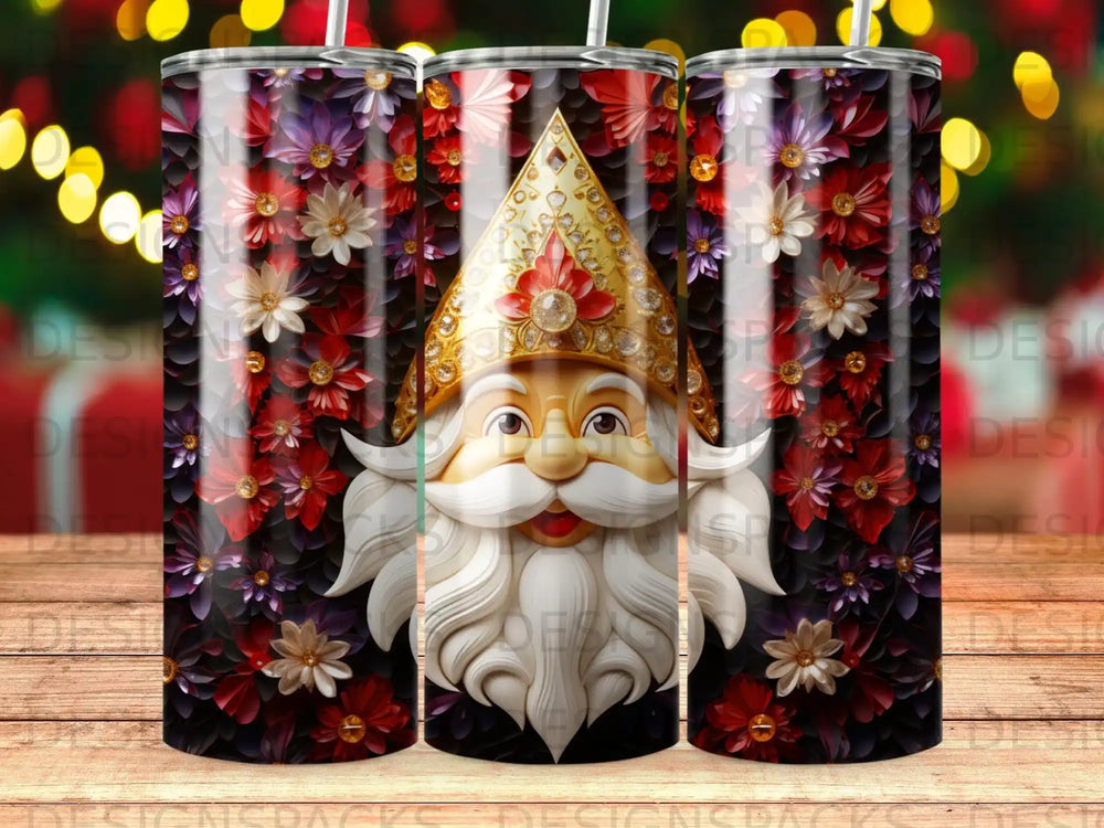 Santa Claus face with ornate hat, surrounded by dark floral pattern.