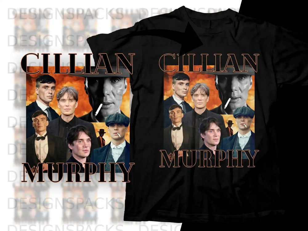 Cillian Murphy collage graphic on a black t-shirt.