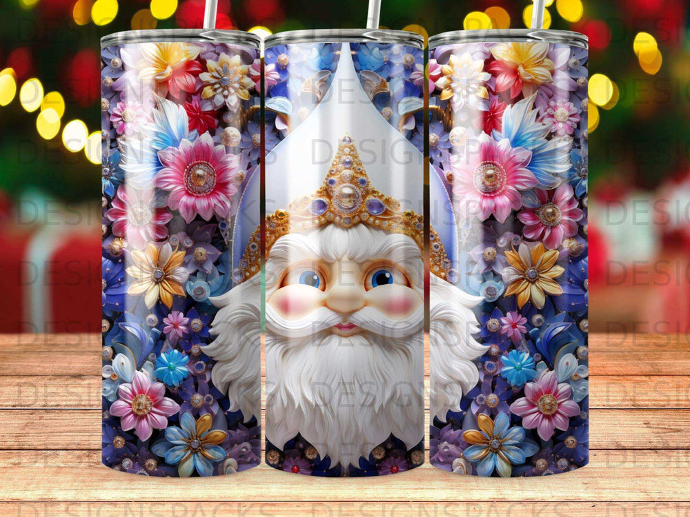 Santa Claus with colorful flowers and snowflakes, against a bokeh background.