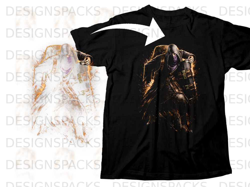 Black t-shirt with an artistic depiction of a hooded figure holding a shield.