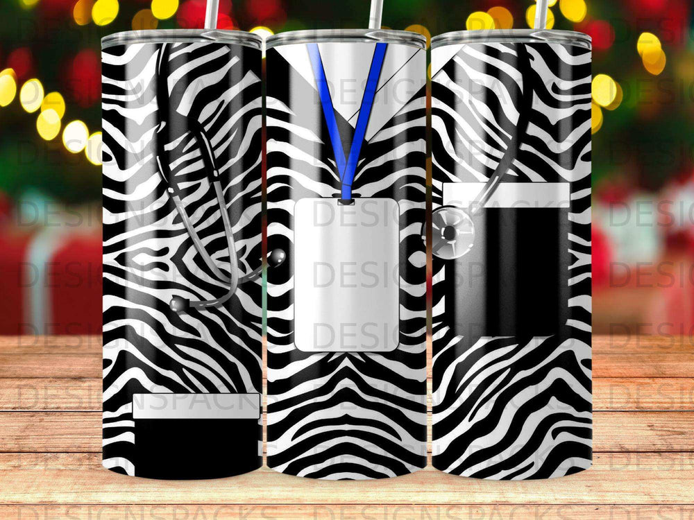 Three tumblers with zebra print and medical caduceus design.