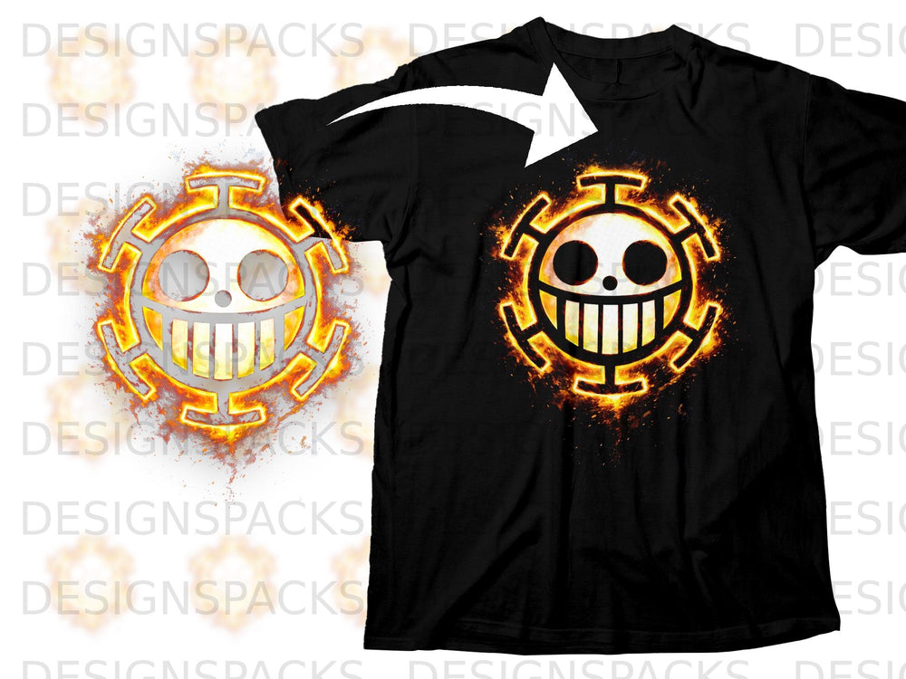 Black t-shirt featuring a flaming Jolly Roger skull symbol with white accents.