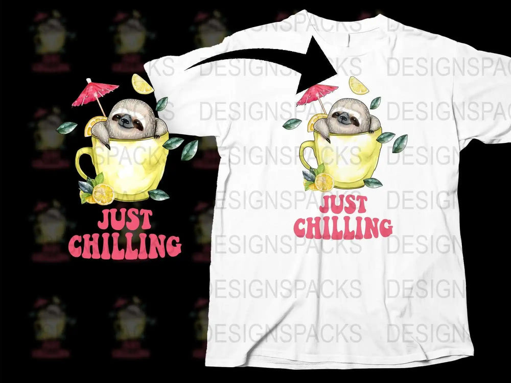 Cute Sloth Graphic T-Shirt, Lemon and Teacup Design, 'Just Chilling' Summer Casual Tee