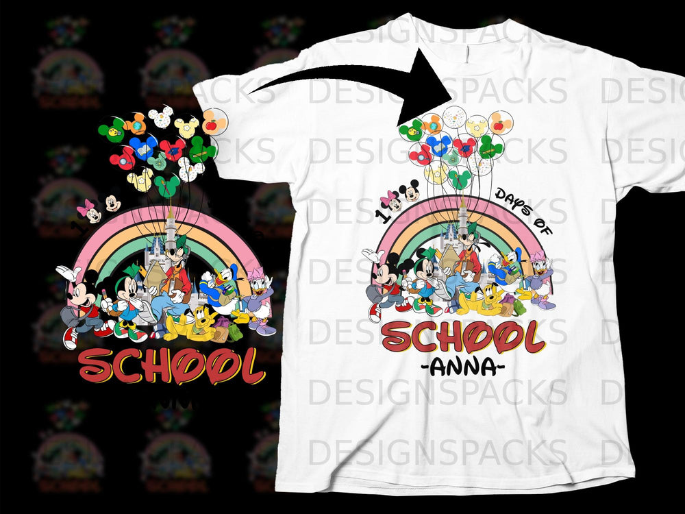 Mickey Mouse and friends with balloons over a rainbow and castle, "100 Days of School" text.