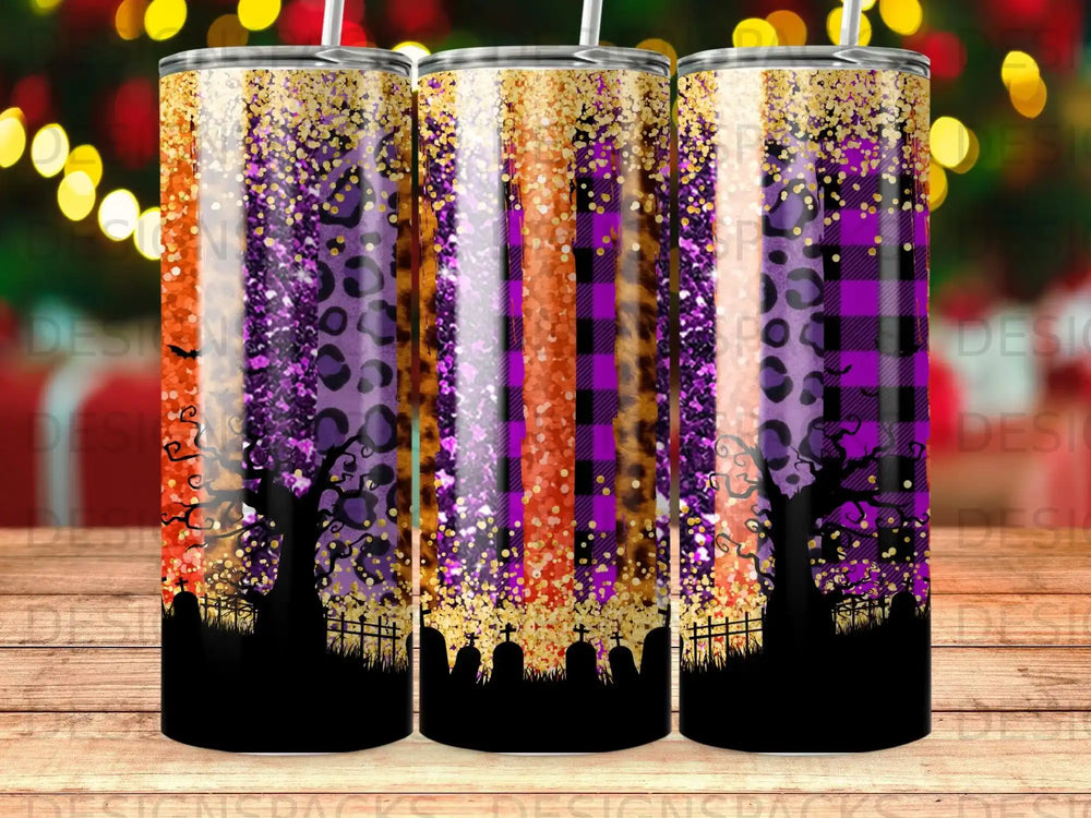 Halloween tumbler with glitter, plaid, and spooky trees.