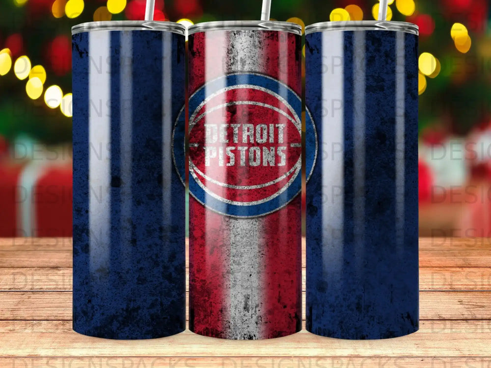 Detroit Pistons logo on a distressed tumbler with blue sides.