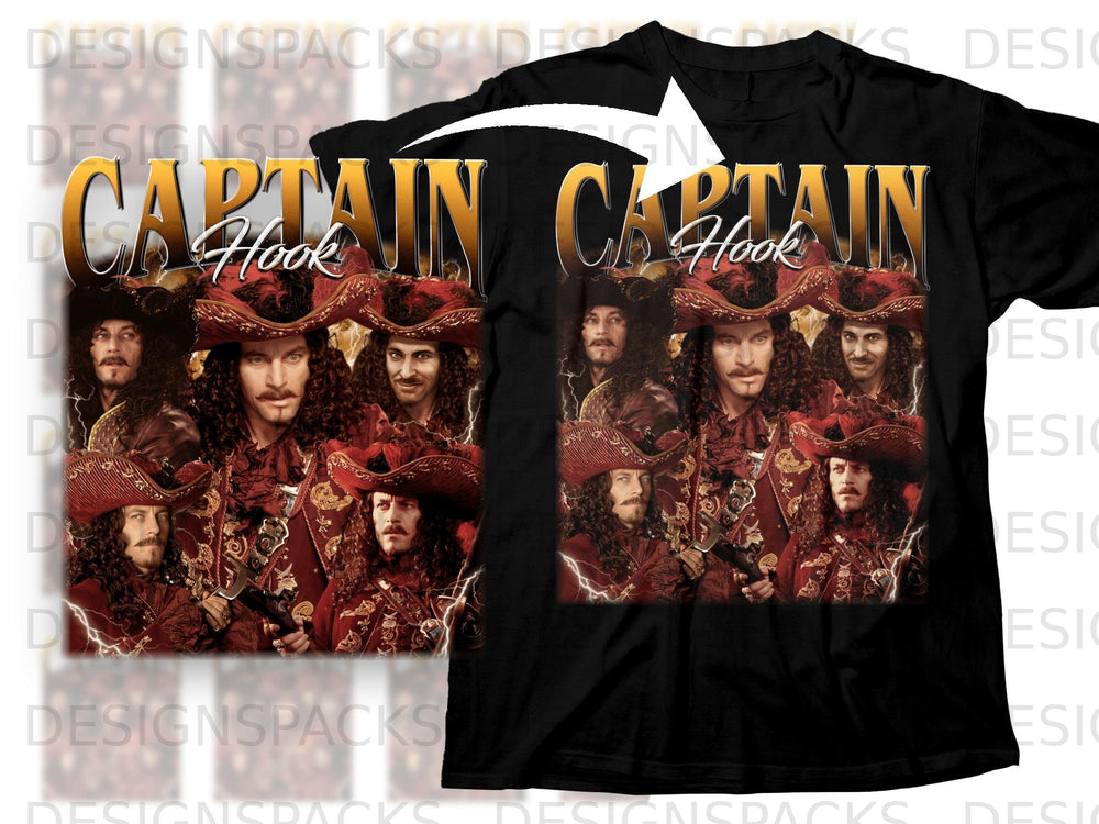 Black t-shirt featuring "Captain Hook" text and pirate portraits with lightning accents.