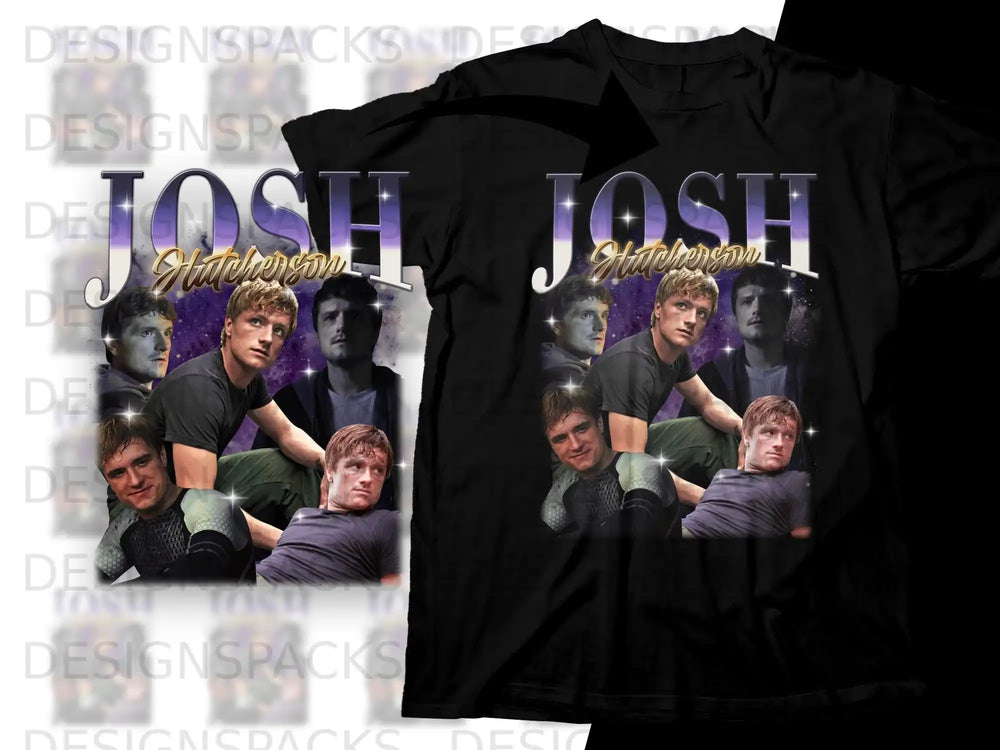 Josh Hutcherson collage on black t-shirt.