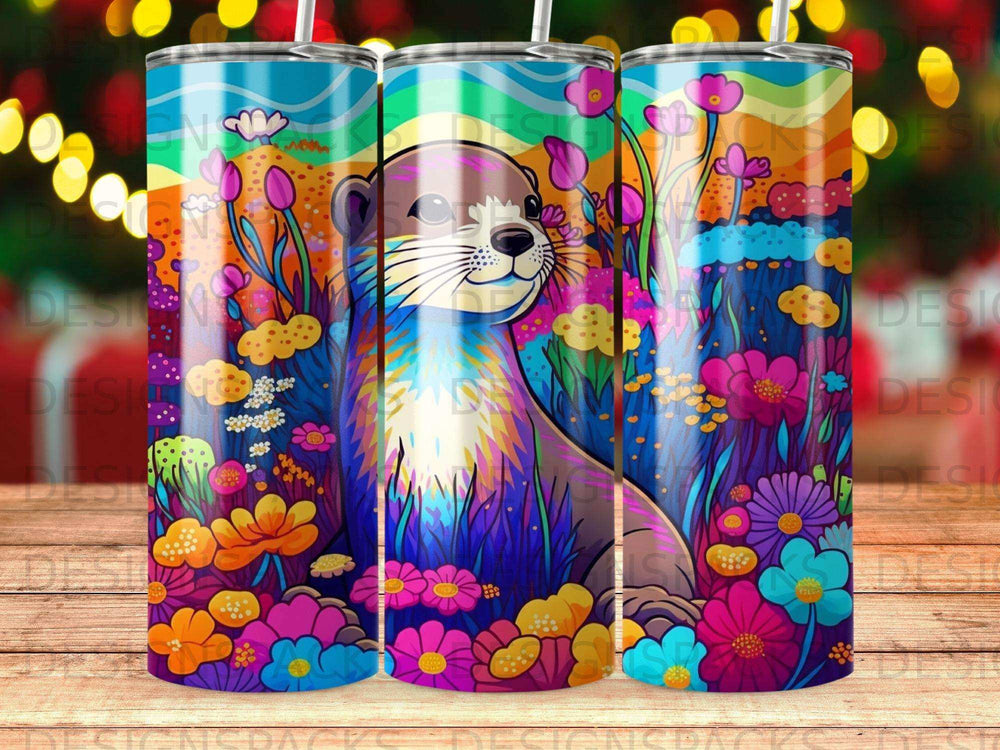 Illustration of an otter in a colorful field of flowers and plants.