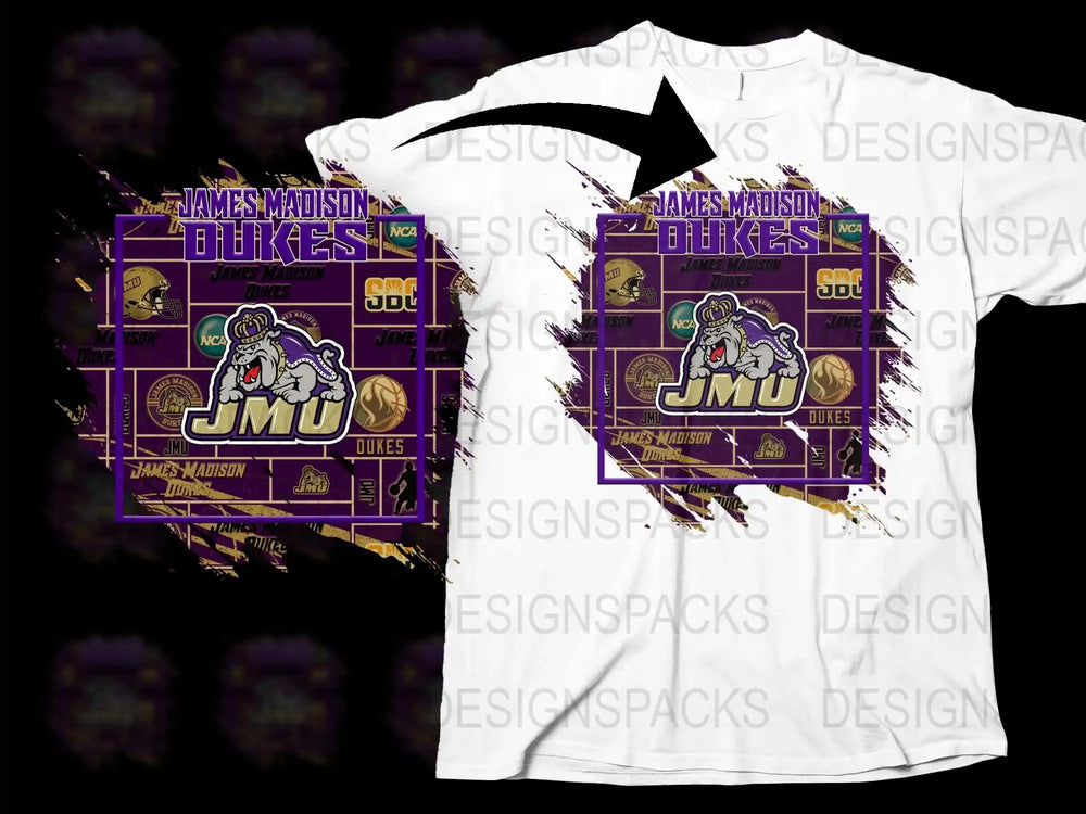 James Madison University JMU Dukes T-Shirt, College Sports Fan Apparel, Purple and Gold Graphic Tee