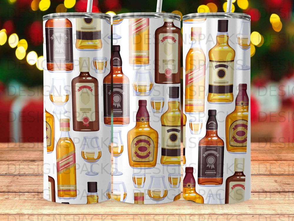 Pattern of whiskey bottles and glasses on a white background.