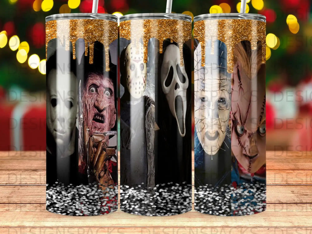 Horror movie villains Freddy, Jason, Ghostface, Pinhead, and Chucky on a tumbler.