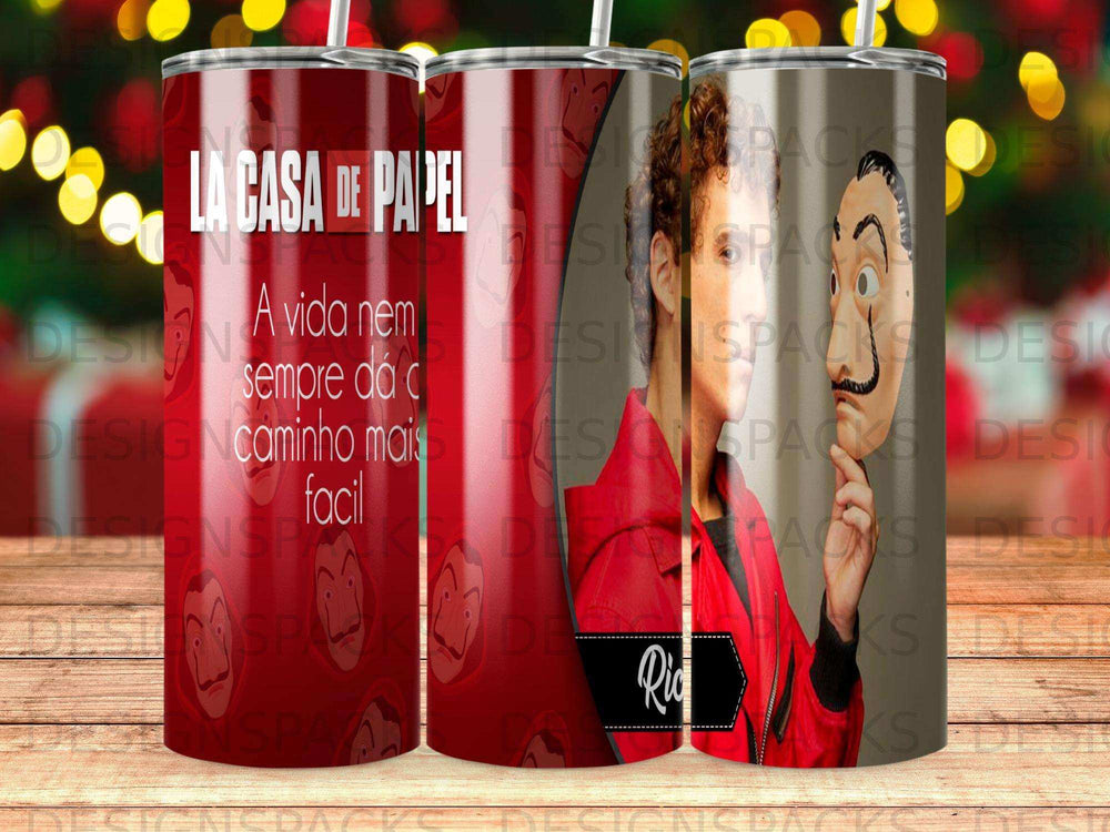 La Casa de Papel tumbler with a Salvador Dali mask and quote.
