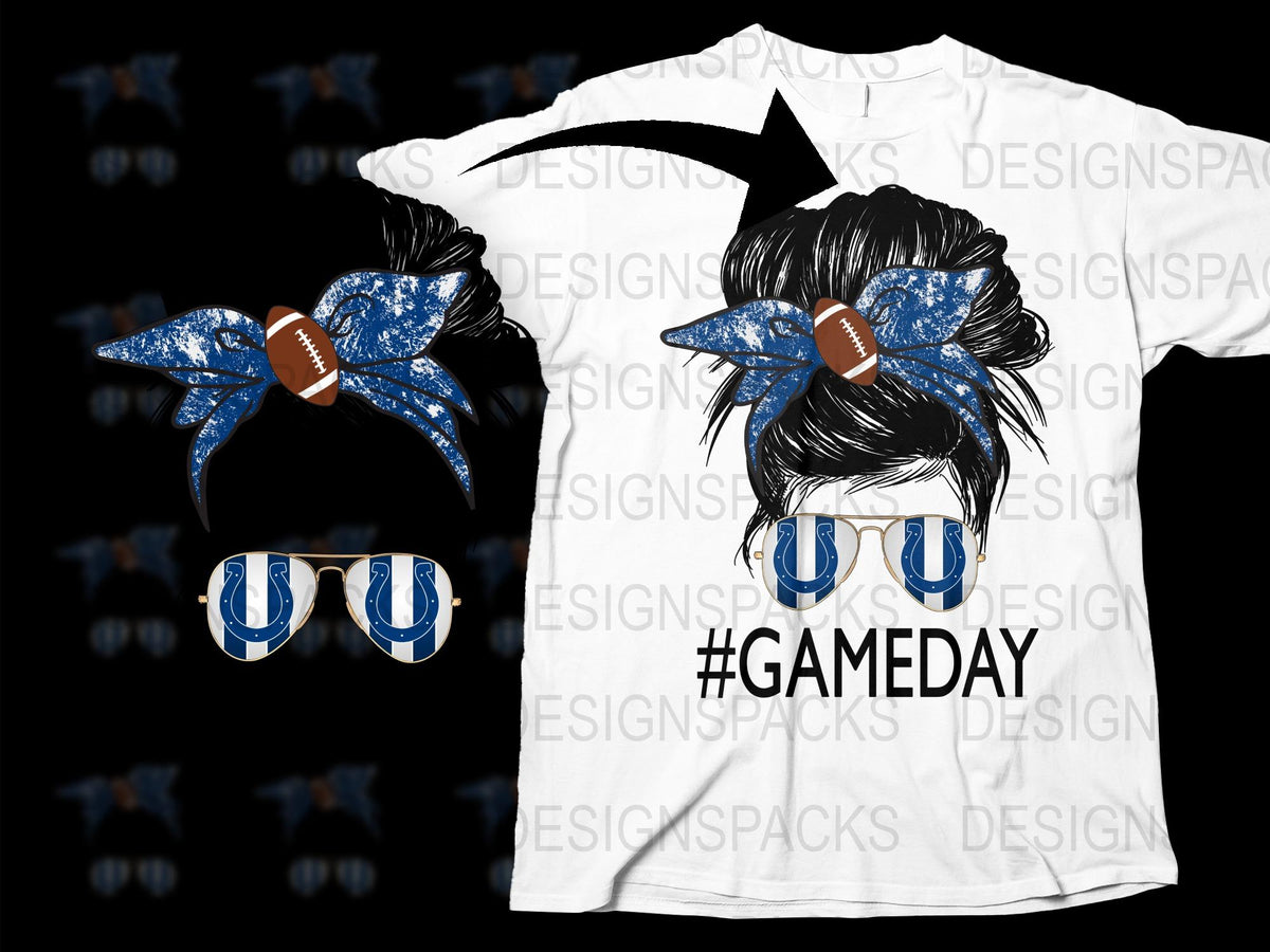 Game Day T-Shirt with Blue Bow Football Design, Women's White Graphic Tee, Trendy Sports Apparel