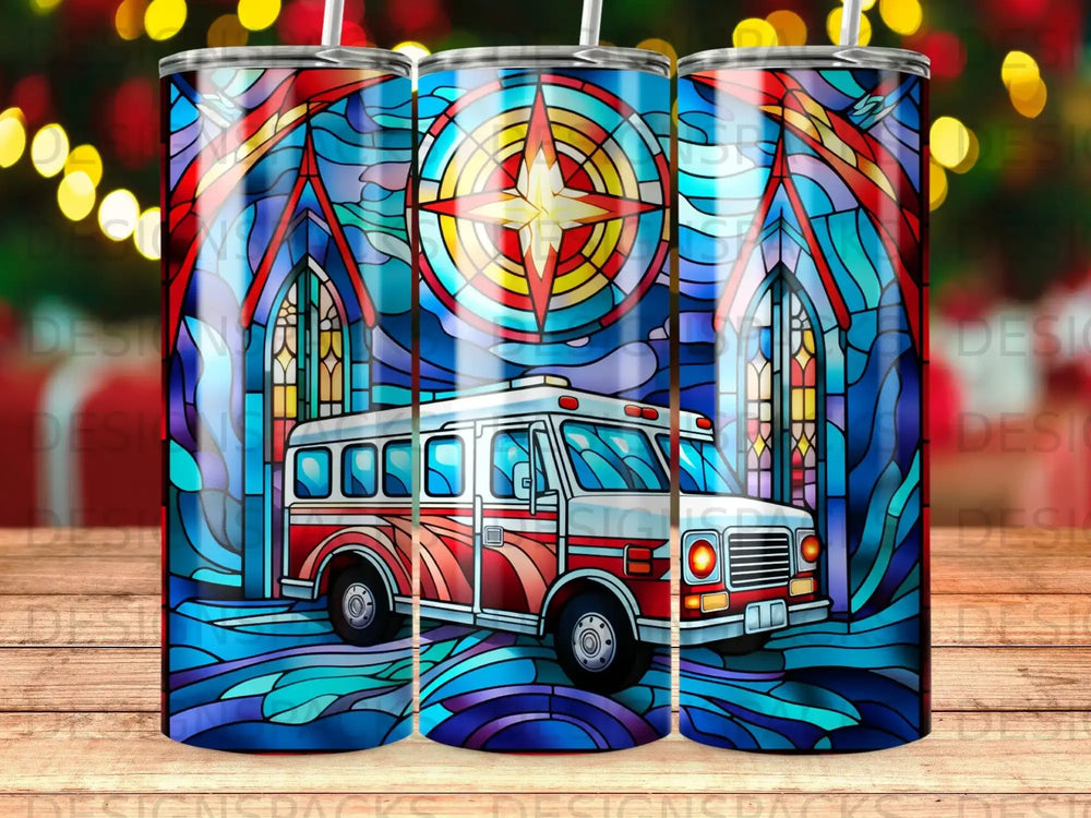 White and red bus with stained glass church windows and compass design.